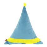 druga strona poduszki piórka niebieski velvet z żółtymi frędzlami