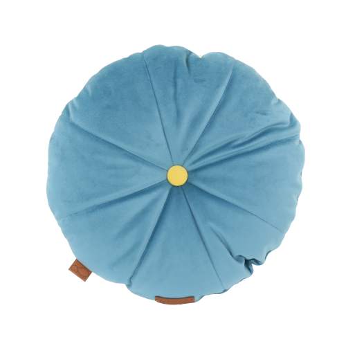 poduszka okrągła dekoracyjna niebieski velvet z żółtym guzikiem