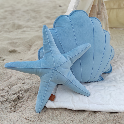 poduszka muszla z rozgwiazdą niebieski jasny welur w zestawie