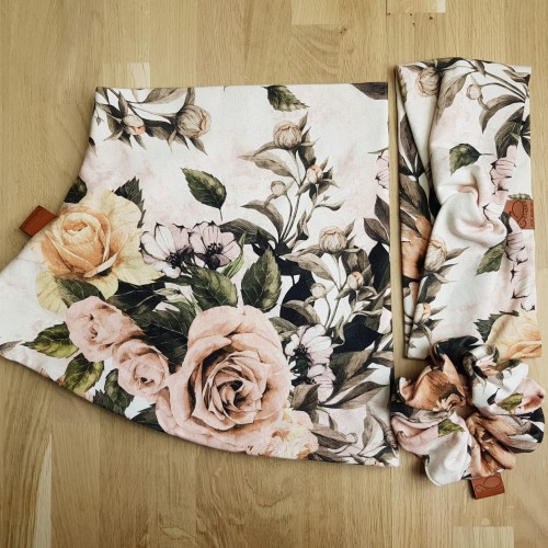 zestaw  opaska na głowę, gumka scrunchie do włosów i komin kwiaty vintage