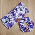 opaska na głowę do kompletu z gumką do włosów scrunchie w kwiaty fioletowe bratki