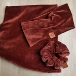opaska na głowę, uszy do kompletu z gumką scrunchie i kominem welur rudy ceglasty